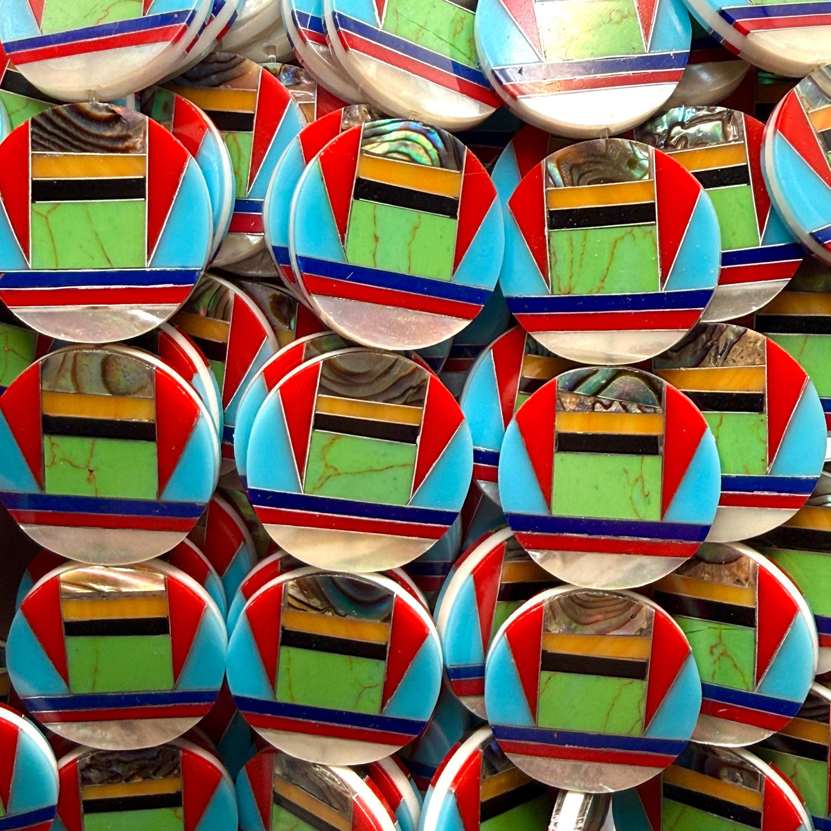 Native Style Inlay Beads - Abalone, Turquoise, Lapis Lazuli, Coral, Mother of Pearl and Black Onyx- Double Sided 20mm Coin - 10 Beads (F418)