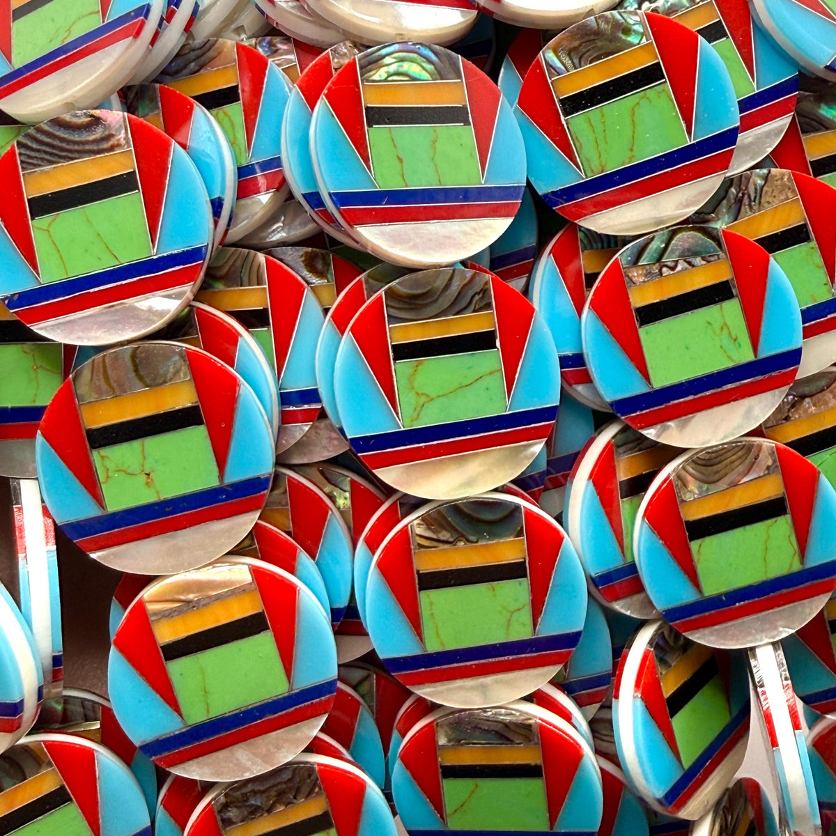 Native Style Inlay Beads - Abalone, Turquoise, Lapis Lazuli, Coral, Mother of Pearl and Black Onyx- Double Sided 20mm Coin - 10 Beads (F418)