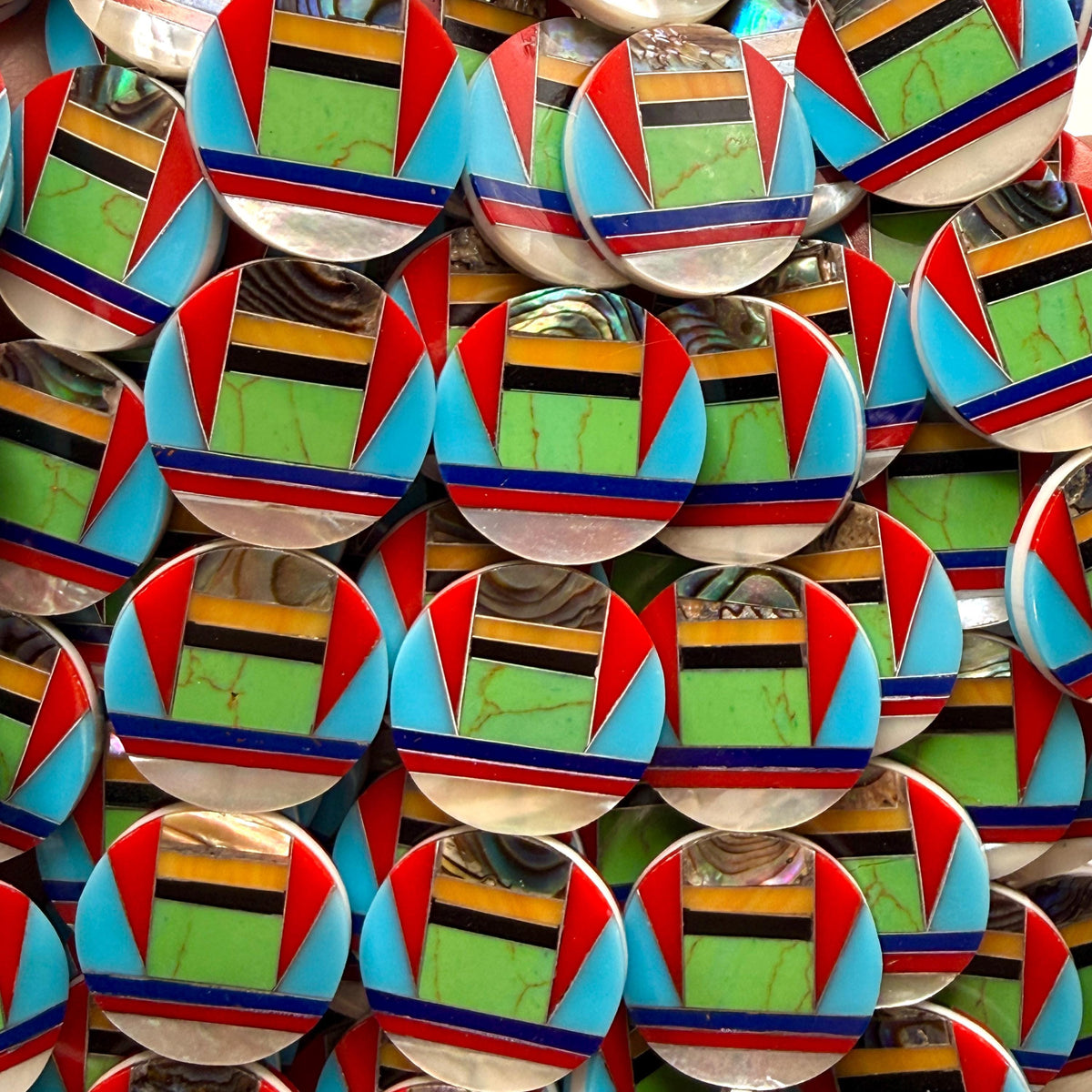 Native Style Inlay Beads - Abalone, Turquoise, Lapis Lazuli, Coral, Mother of Pearl and Black Onyx- Double Sided 20mm Coin - 10 Beads (F418)