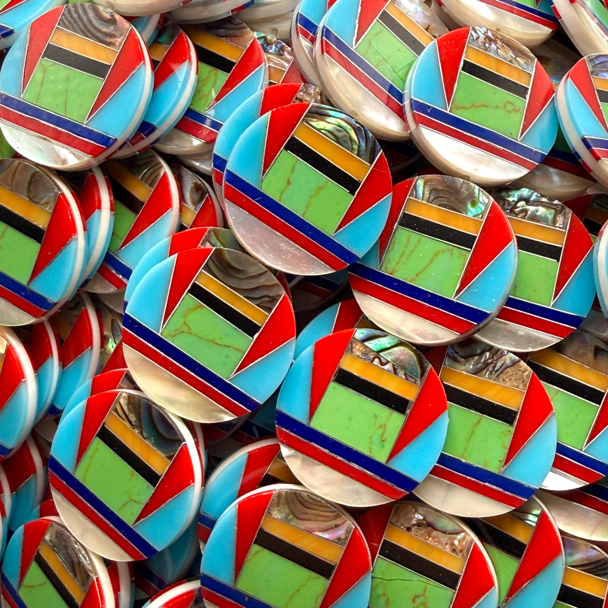 Native Style Inlay Beads - Abalone, Turquoise, Lapis Lazuli, Coral, Mother of Pearl and Black Onyx- Double Sided 20mm Coin - 10 Beads (F418)