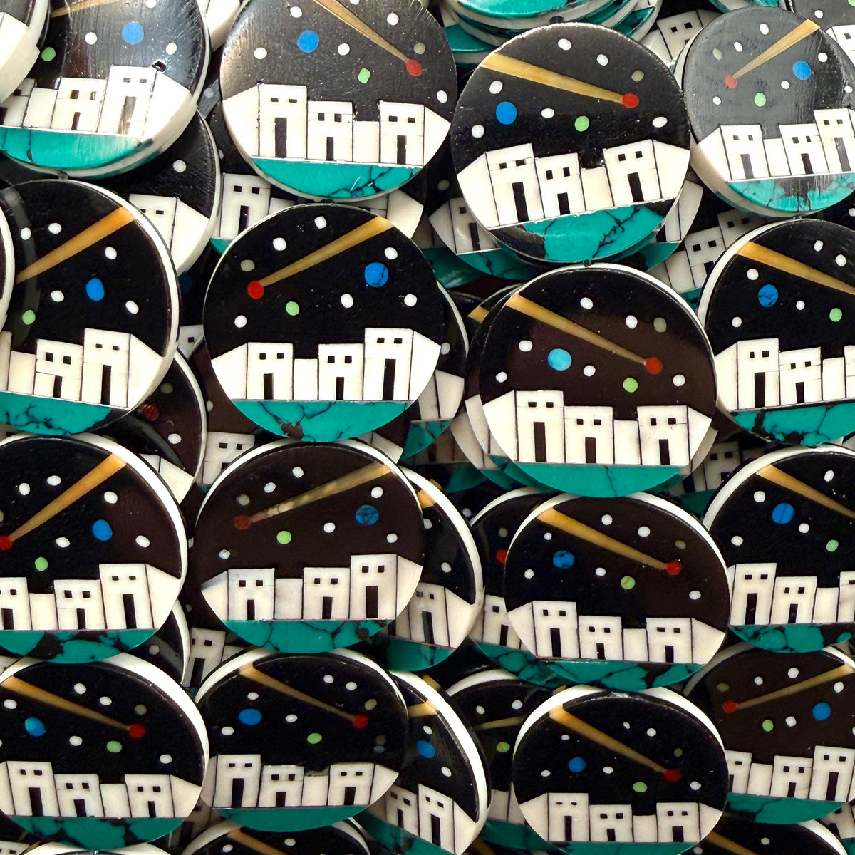 Native Style Inlay Beads (Galaxy) Spiny Oyster Shell, Turquoise, Coral, Mother of Pearl and Onyx - Double Sided 20mm Coin - 10 Beads (F419)