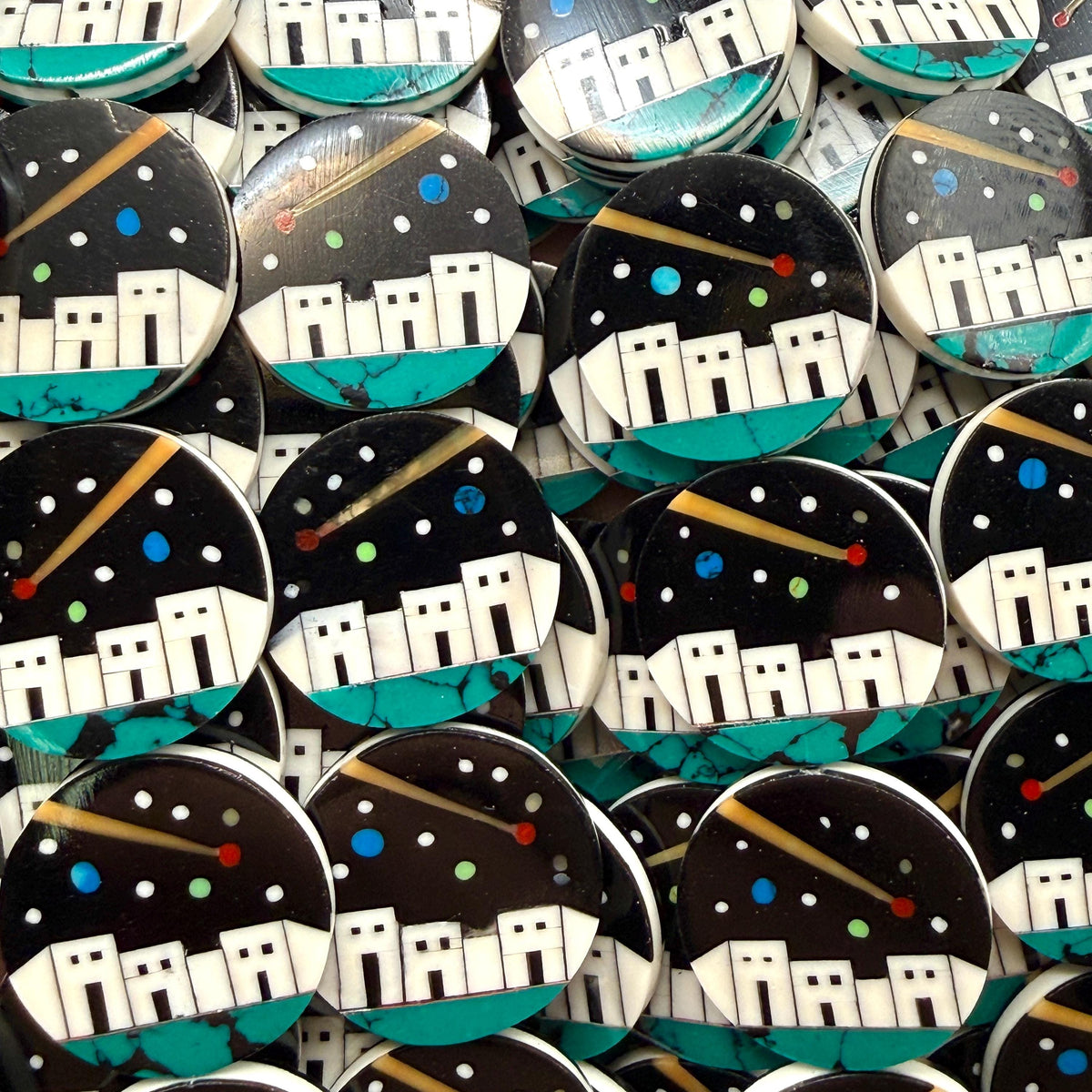Native Style Inlay Beads (Galaxy) Spiny Oyster Shell, Turquoise, Coral, Mother of Pearl and Onyx - Double Sided 20mm Coin - 10 Beads (F419)