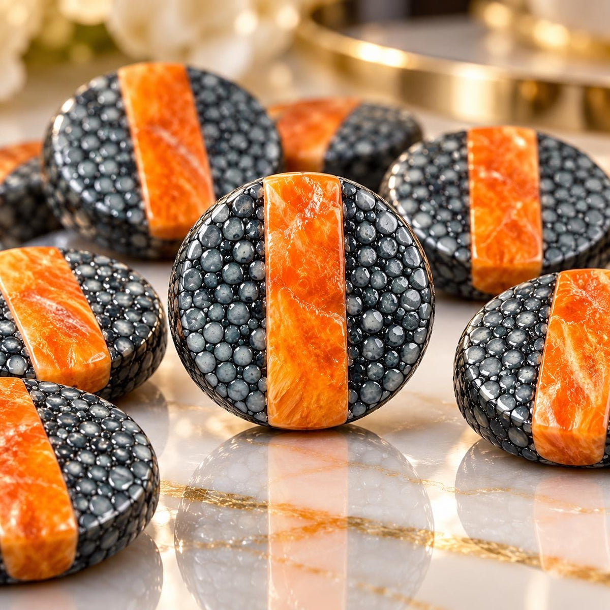 Real STINGRAY & Spiny Oyster Shell Inlay Beads - Incredible Pearl Texture Leather - Small Batch Production - Coin 20mm (10 Beads - 8”) #F301