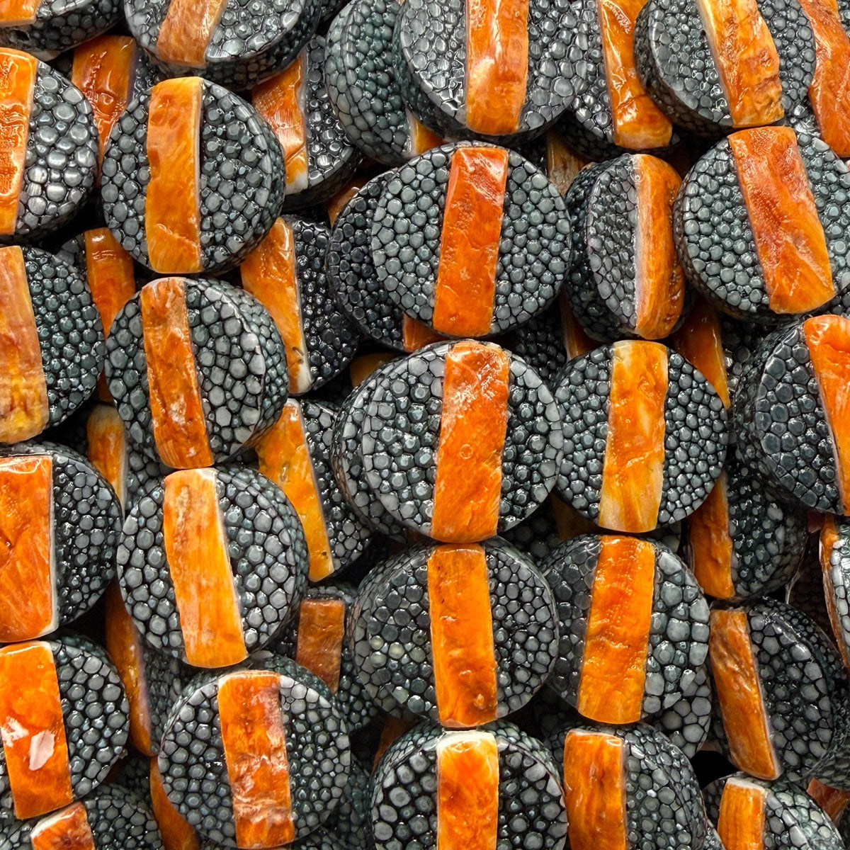 Real STINGRAY & Spiny Oyster Shell Inlay Beads - Incredible Pearl Texture Leather - Small Batch Production - Coin 20mm (10 Beads - 8”) #F301