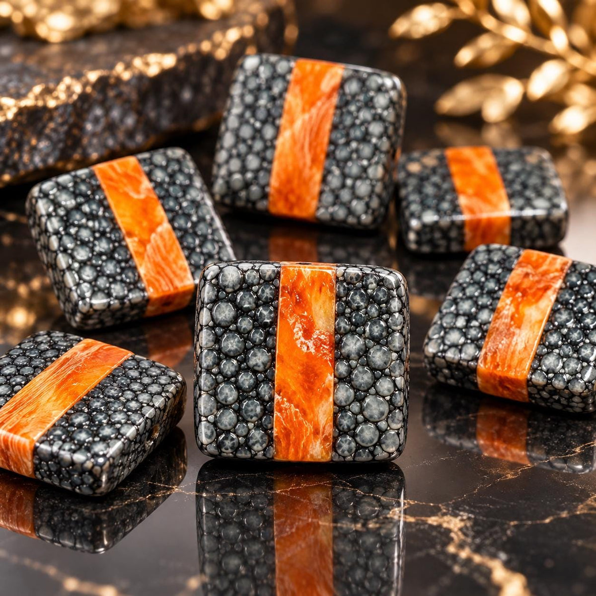 Real STINGRAY & Spiny Oyster Shell Inlay Beads- Incredible Pearl Texture Leather- Small Batch Production - Square 20mm (10 Beads - 8”) #F302