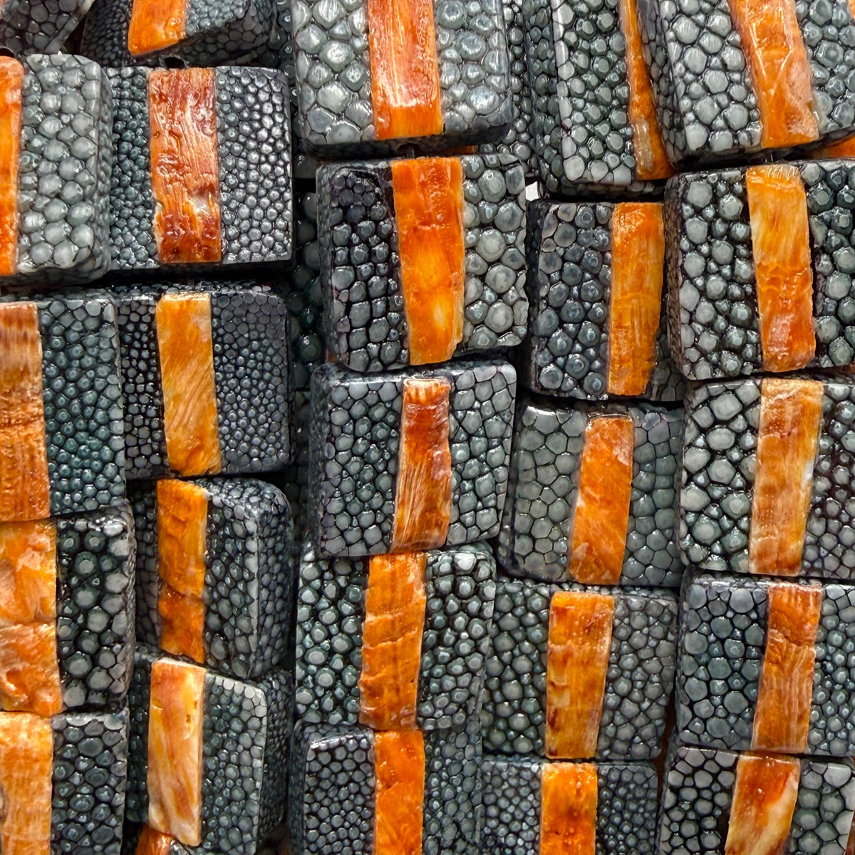 Real STINGRAY & Spiny Oyster Shell Inlay Beads- Incredible Pearl Texture Leather- Small Batch Production - Square 20mm (10 Beads - 8”) #F302