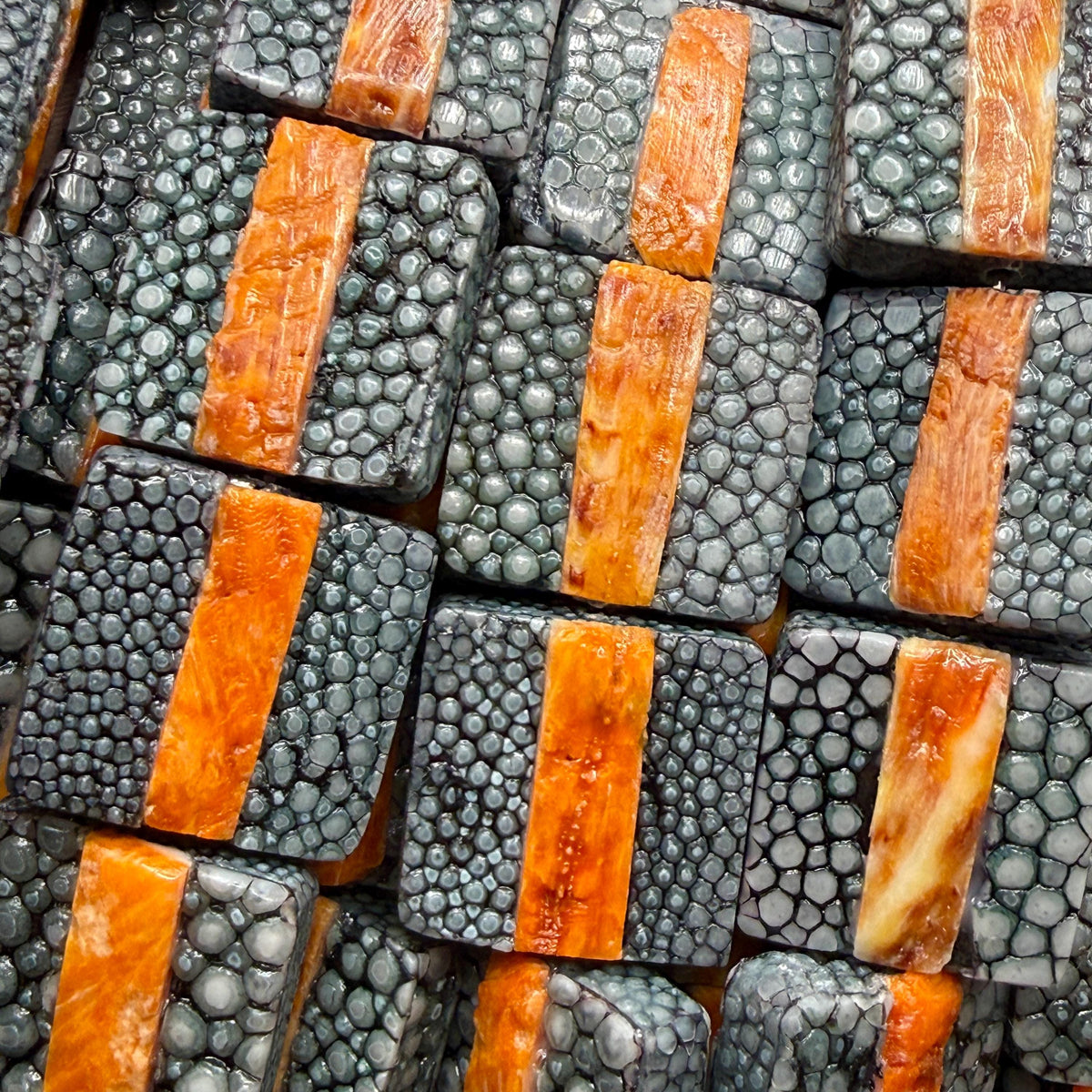 Real STINGRAY & Spiny Oyster Shell Inlay Beads- Incredible Pearl Texture Leather- Small Batch Production - Square 20mm (10 Beads - 8”) #F302