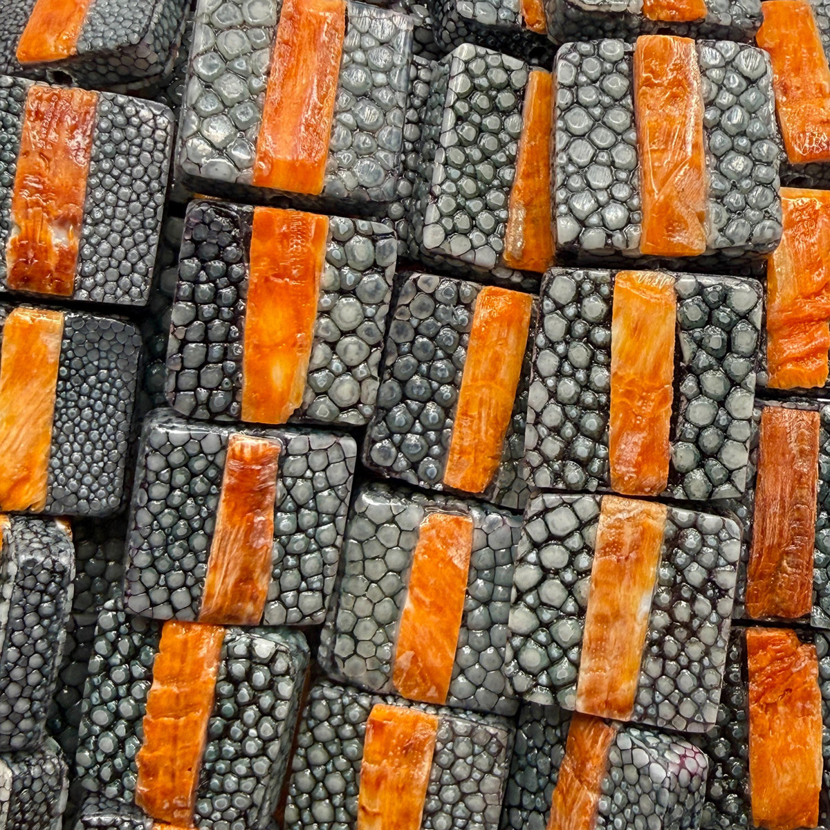 Real STINGRAY & Spiny Oyster Shell Inlay Beads- Incredible Pearl Texture Leather- Small Batch Production - Square 20mm (10 Beads - 8”) #F302