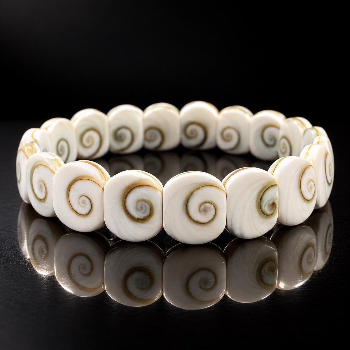 2in1 DOUBLET Shiva Eye Shell Beads Bracelet From Indo-Pacific (Symmetrical Spiral Pattern) Small Batch Production - Smooth 10X12mm