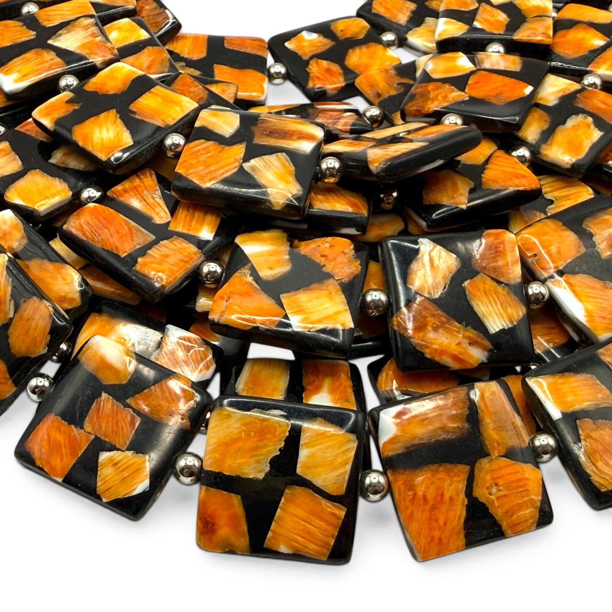 Spiny Oyster Shell Beads Mexico - Black Mosaic Inlay - Small Batch Production - Native American Style - Double Sided 20mm Square (G401)