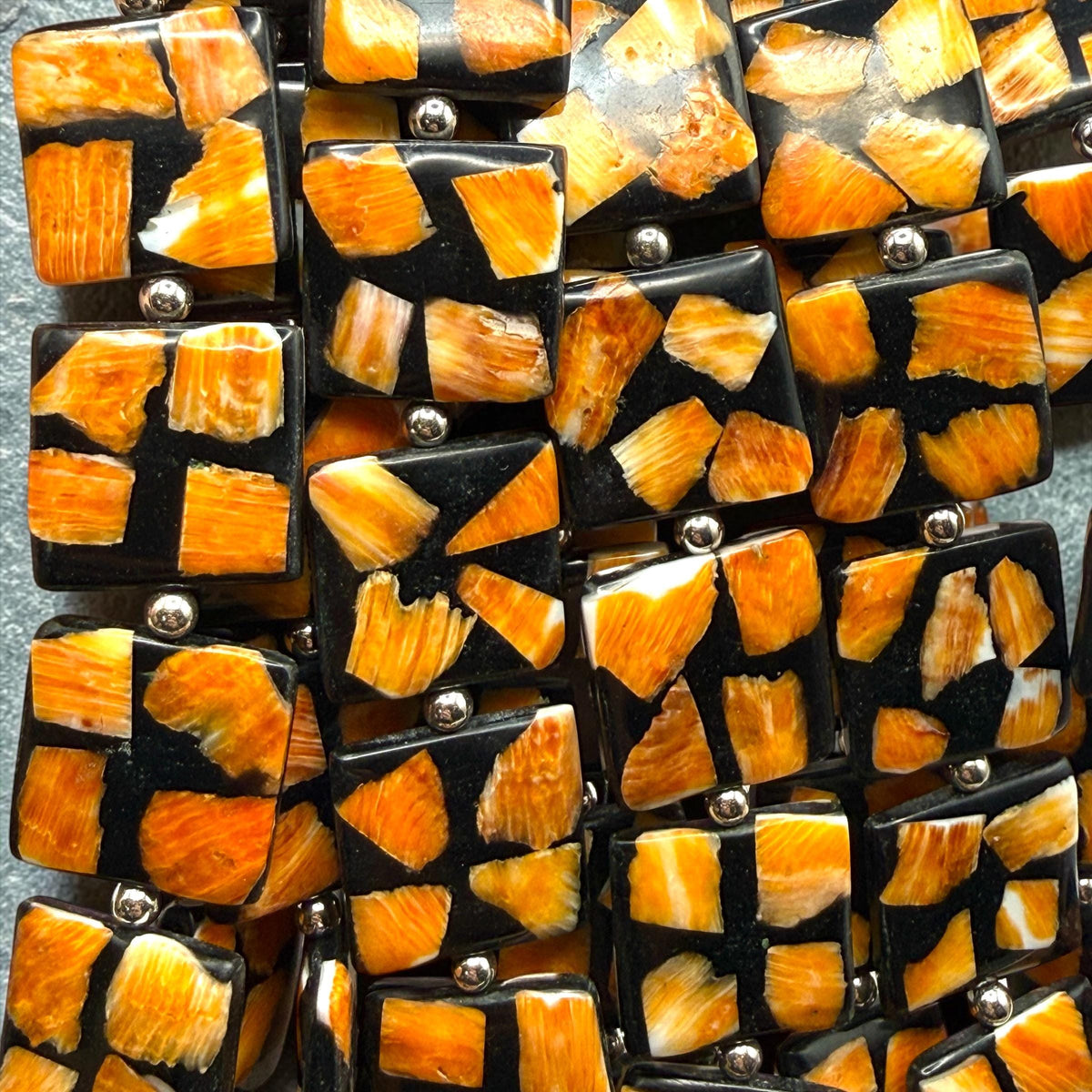 Spiny Oyster Shell Beads Mexico - Black Mosaic Inlay - Small Batch Production - Native American Style - Double Sided 20mm Square (G401)