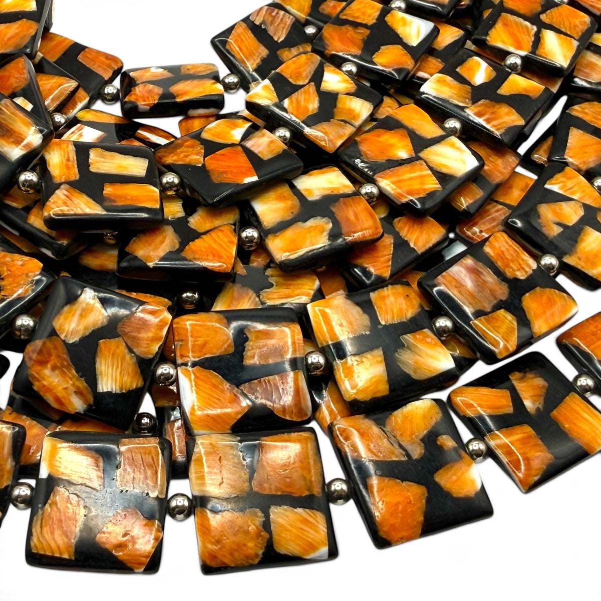 Spiny Oyster Shell Beads Mexico - Black Mosaic Inlay - Small Batch Production - Native American Style - Double Sided 20mm Square (G401)