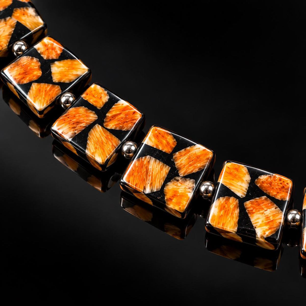 Spiny Oyster Shell Beads Mexico - Black Mosaic Inlay - Small Batch Production - Native American Style - Double Sided 20mm Square (G401)
