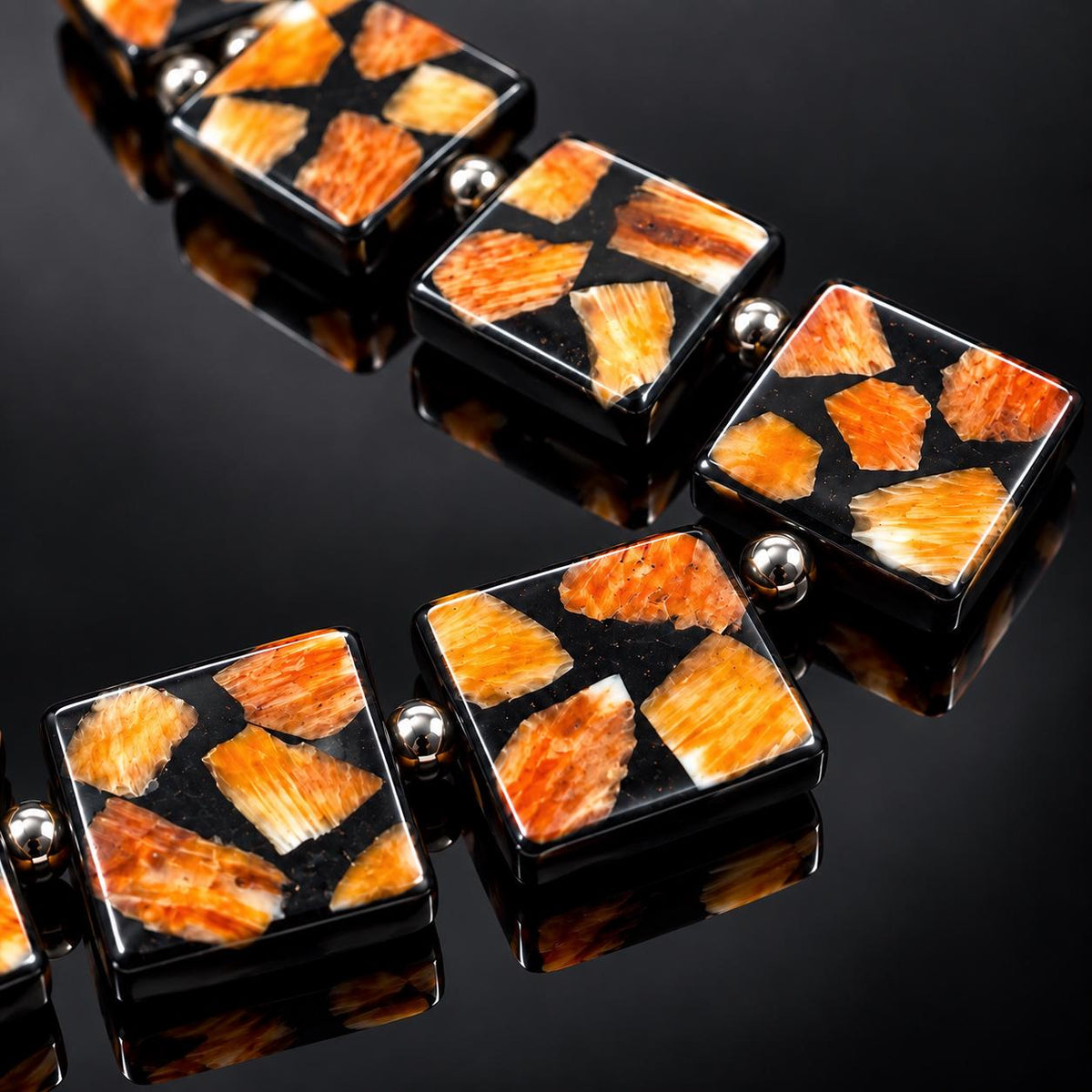 Spiny Oyster Shell Beads Mexico - Black Mosaic Inlay - Small Batch Production - Native American Style - Double Sided 20mm Square (G401)