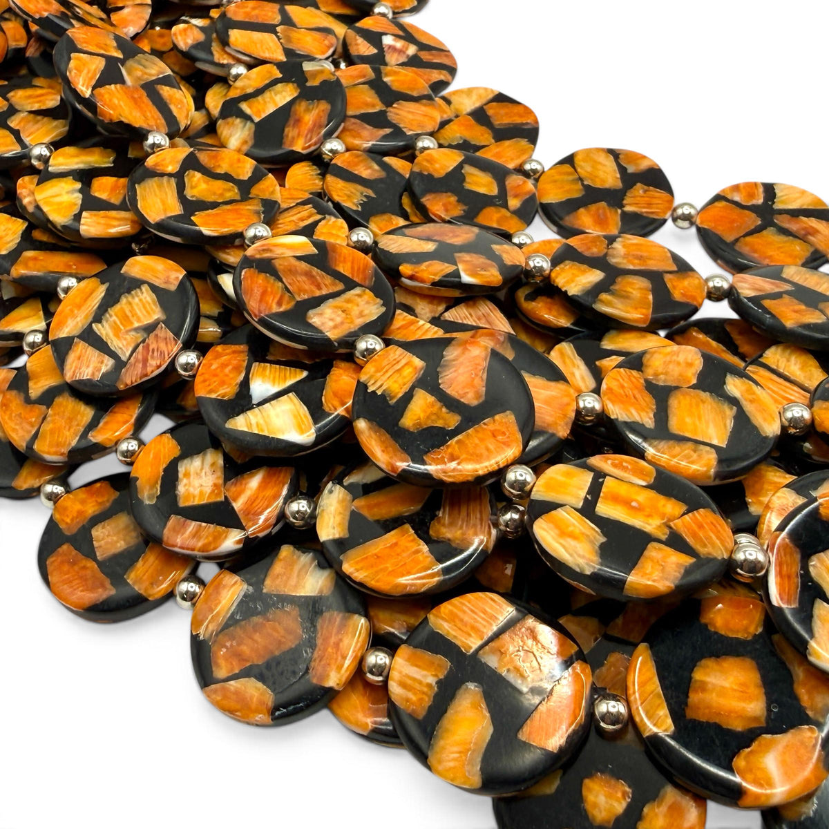 Spiny Oyster Shell Beads Mexico - Black Mosaic Inlay - Small Batch Production - Native American Style - Double Sided 20mm Coin (F502)