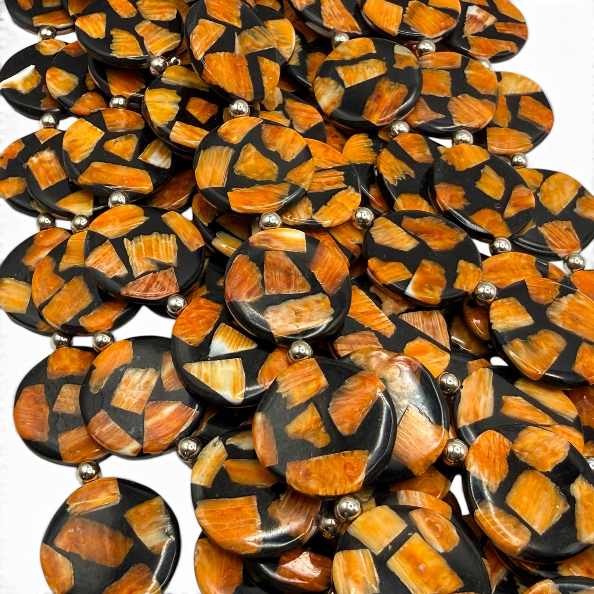 Spiny Oyster Shell Beads Mexico - Black Mosaic Inlay - Small Batch Production - Native American Style - Double Sided 20mm Coin (F502)