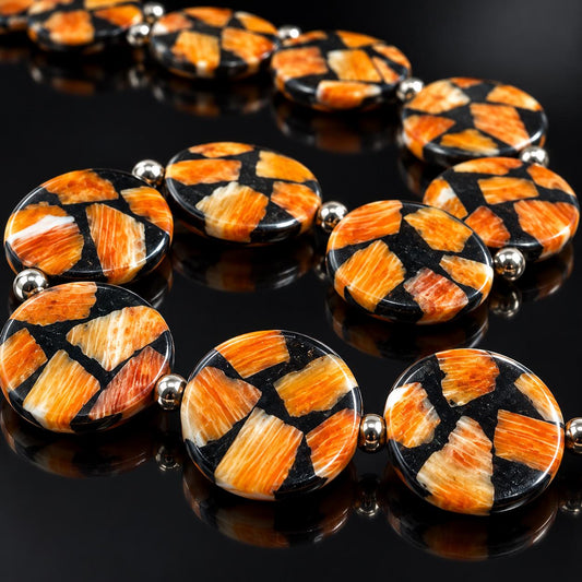 Spiny Oyster Shell Beads Mexico - Black Mosaic Inlay - Small Batch Production - Native American Style - Double Sided 20mm Coin (F502)