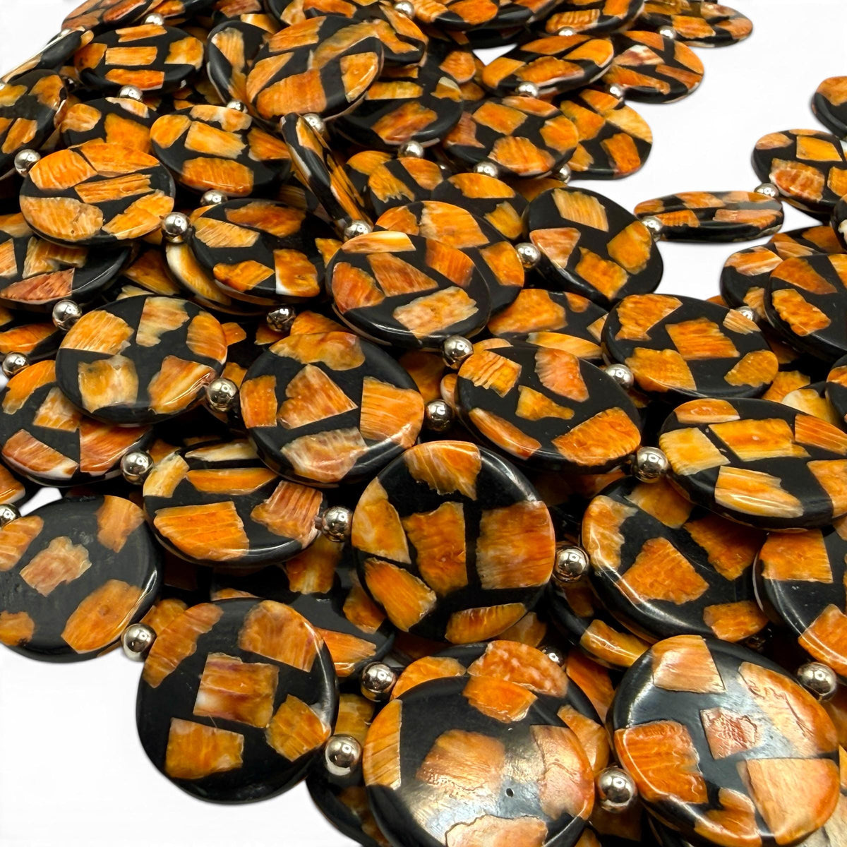 Spiny Oyster Shell Beads Mexico - Black Mosaic Inlay - Small Batch Production - Native American Style - Double Sided 20mm Coin (F502)