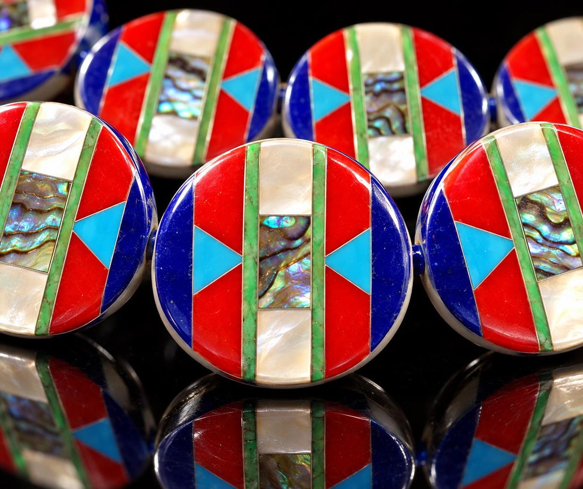 Native Style Inlay Beads - Abalone, Turquoise, Lapis Lazuli, Coral and Mother of Pearl - Double Sided 20mm Coin - 8 Inches - 10 Beads (F404)