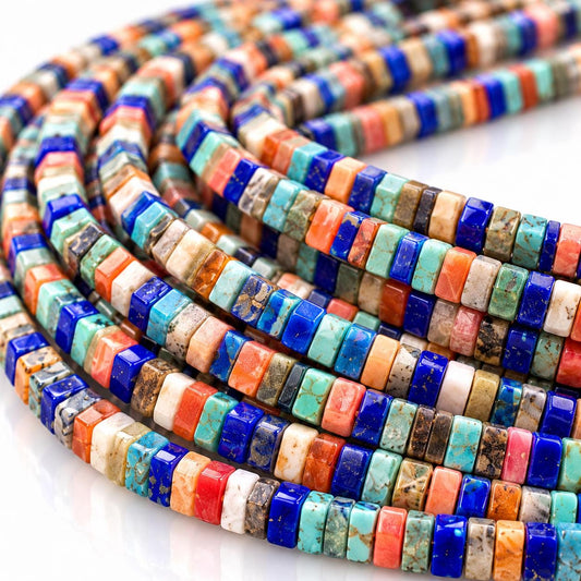 WOW Darkest Spiny Oyster Shell, Turquoise & Lapis Beads AAA - Never Dyed or Color Enhanced - Native American Style - Square Heishi 3mm Tiny