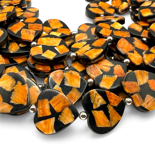 Spiny Oyster Shell Beads Mexico - Black Mosaic Inlay - Small Batch Production - Native American Style - Double Sided 20mm Heart (F503)