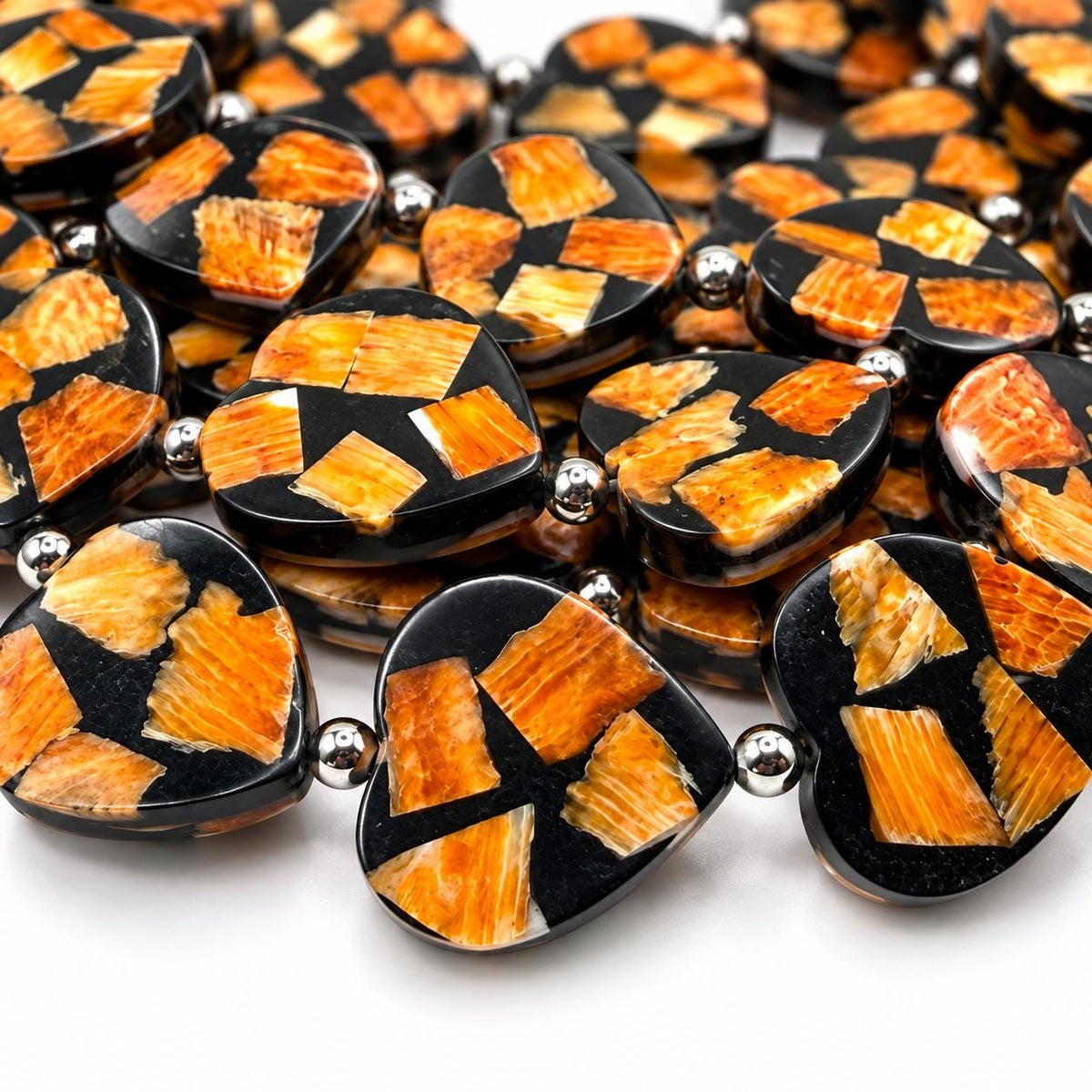 Spiny Oyster Shell Beads Mexico - Black Mosaic Inlay - Small Batch Production - Native American Style - Double Sided 20mm Heart (F503)