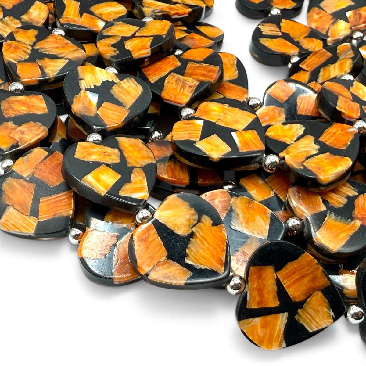 Spiny Oyster Shell Beads Mexico - Black Mosaic Inlay - Small Batch Production - Native American Style - Double Sided 20mm Heart (F503)