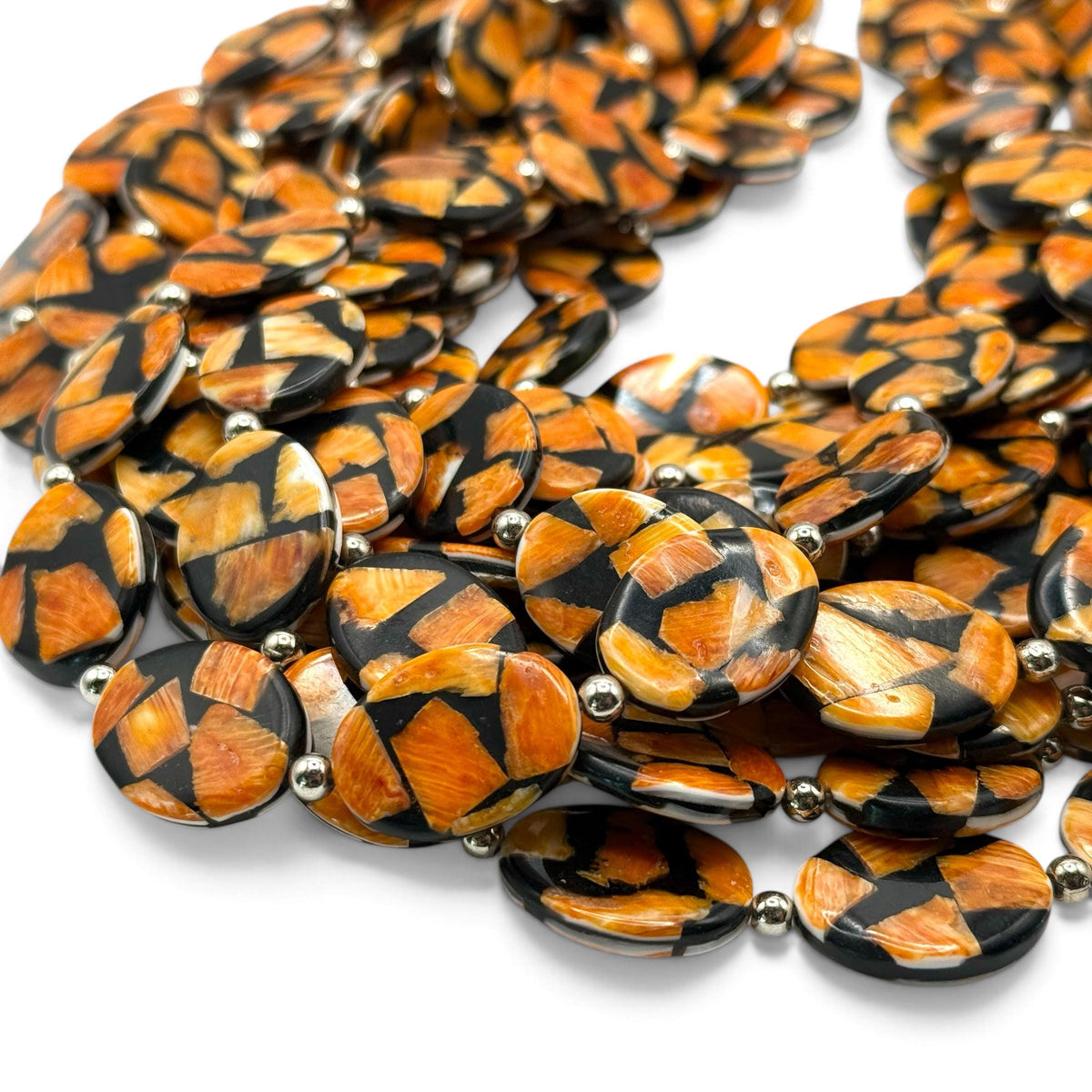 Spiny Oyster Shell Beads Mexico - Black Mosaic Inlay - Small Batch Production - Native American Style - Double Sided 15X20mm Oval (F504)