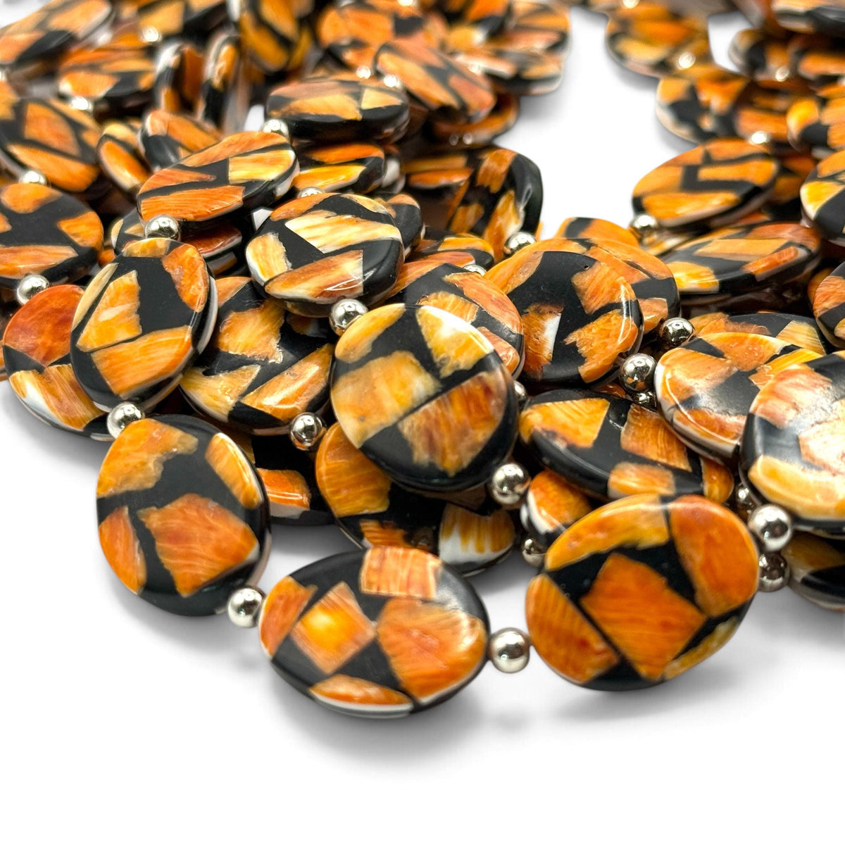 Spiny Oyster Shell Beads Mexico - Black Mosaic Inlay - Small Batch Production - Native American Style - Double Sided 15X20mm Oval (F504)