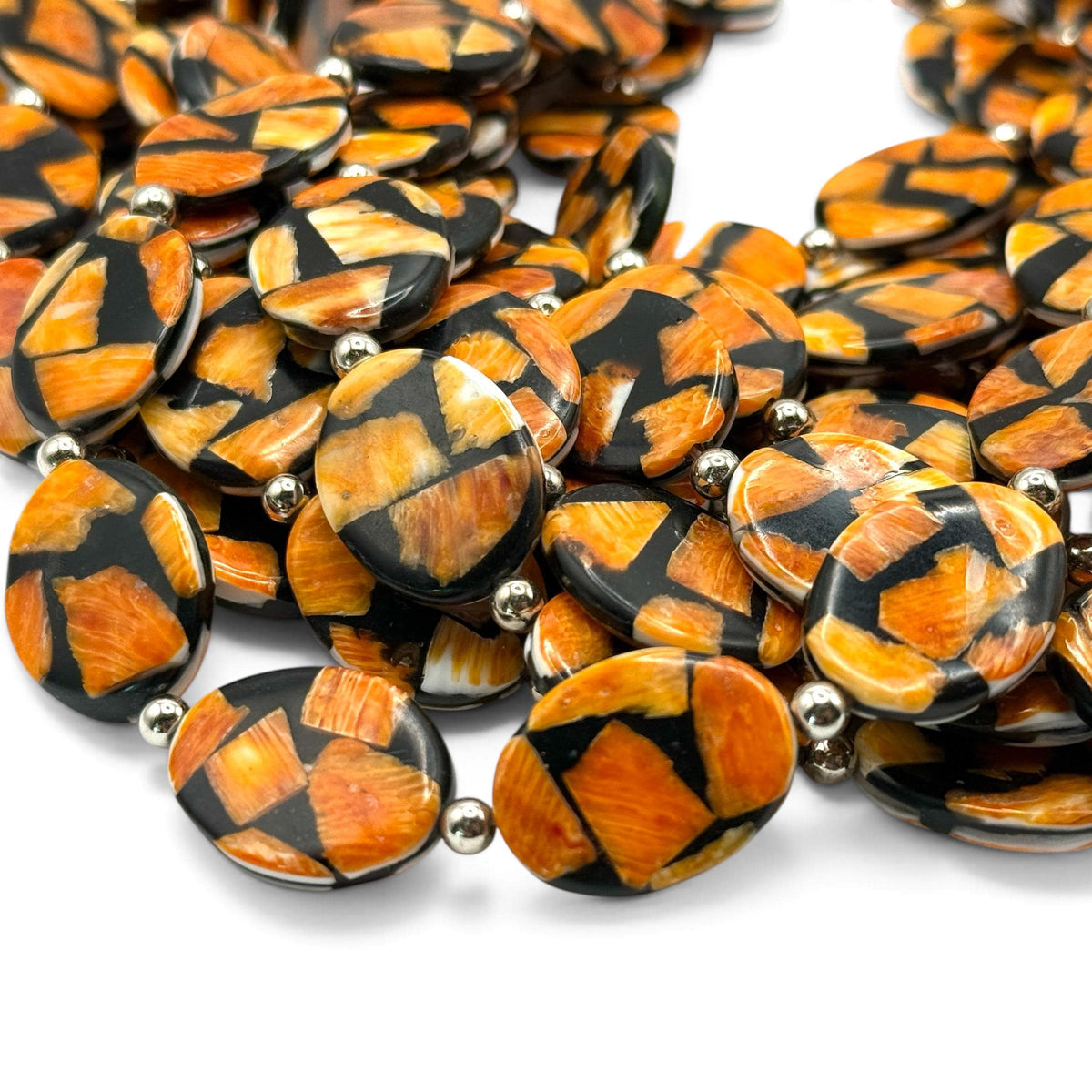 Spiny Oyster Shell Beads Mexico - Black Mosaic Inlay - Small Batch Production - Native American Style - Double Sided 15X20mm Oval (F504)