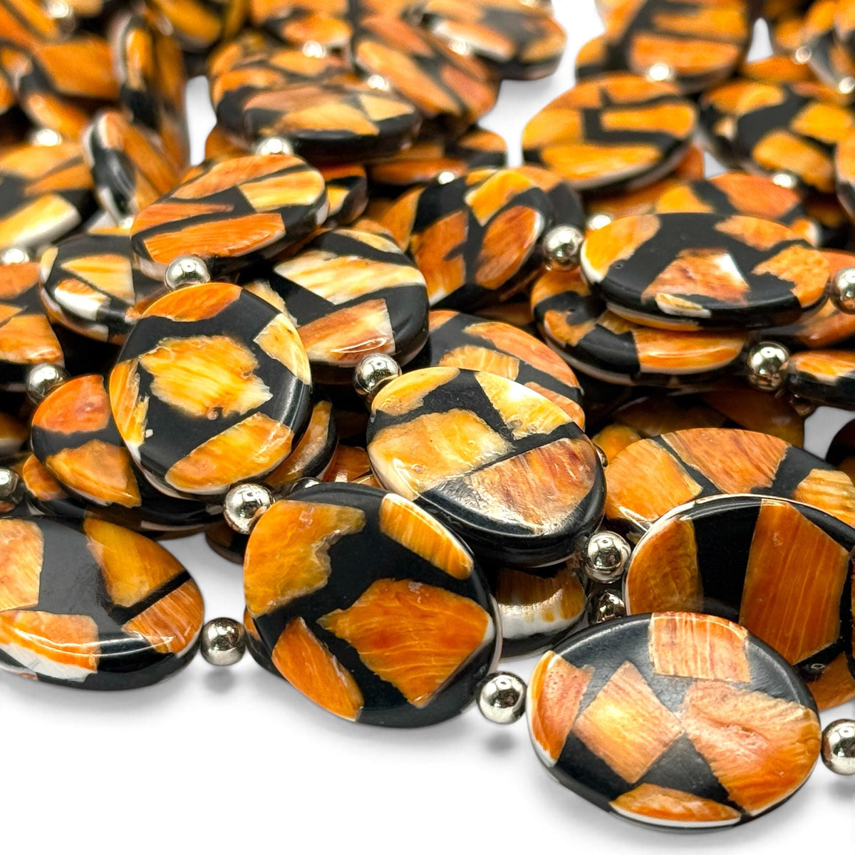 Spiny Oyster Shell Beads Mexico - Black Mosaic Inlay - Small Batch Production - Native American Style - Double Sided 15X20mm Oval (F504)