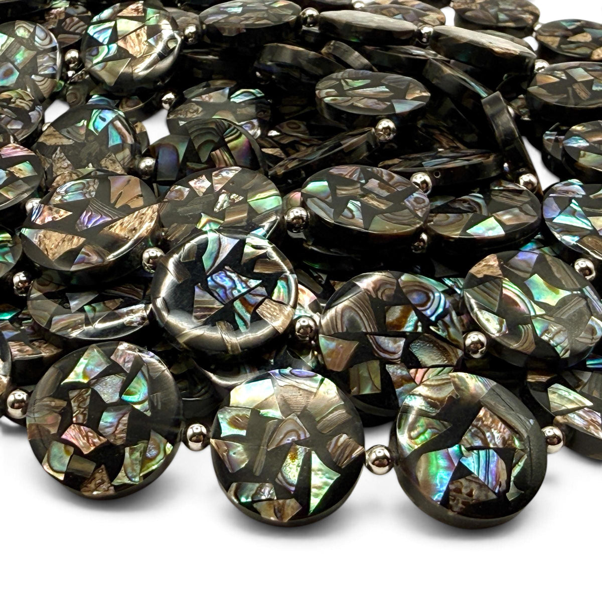 Abalone Shell Beads New Zealand - Black Mosaic Inlay - Small Batch Production - Native American Style - Double Sided 20mm Coin (F506)