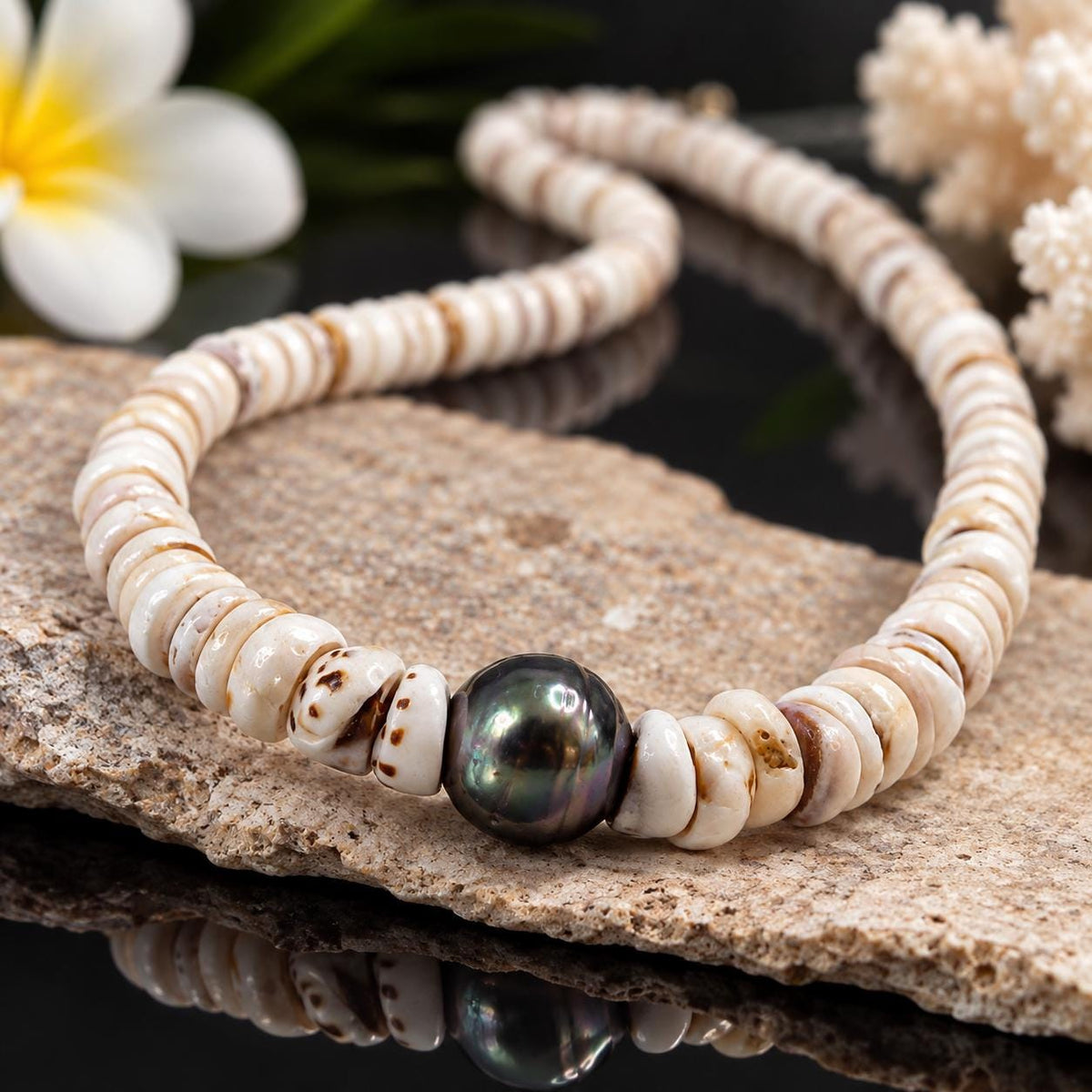 Authentic Tahitian Pearl & Puka Shell Beads- Premium Cup Shape - Minimal Bottom Cracking - 16 Inch, AA 9-10mm Pearl, 6-7mm Puka, No Clasp
