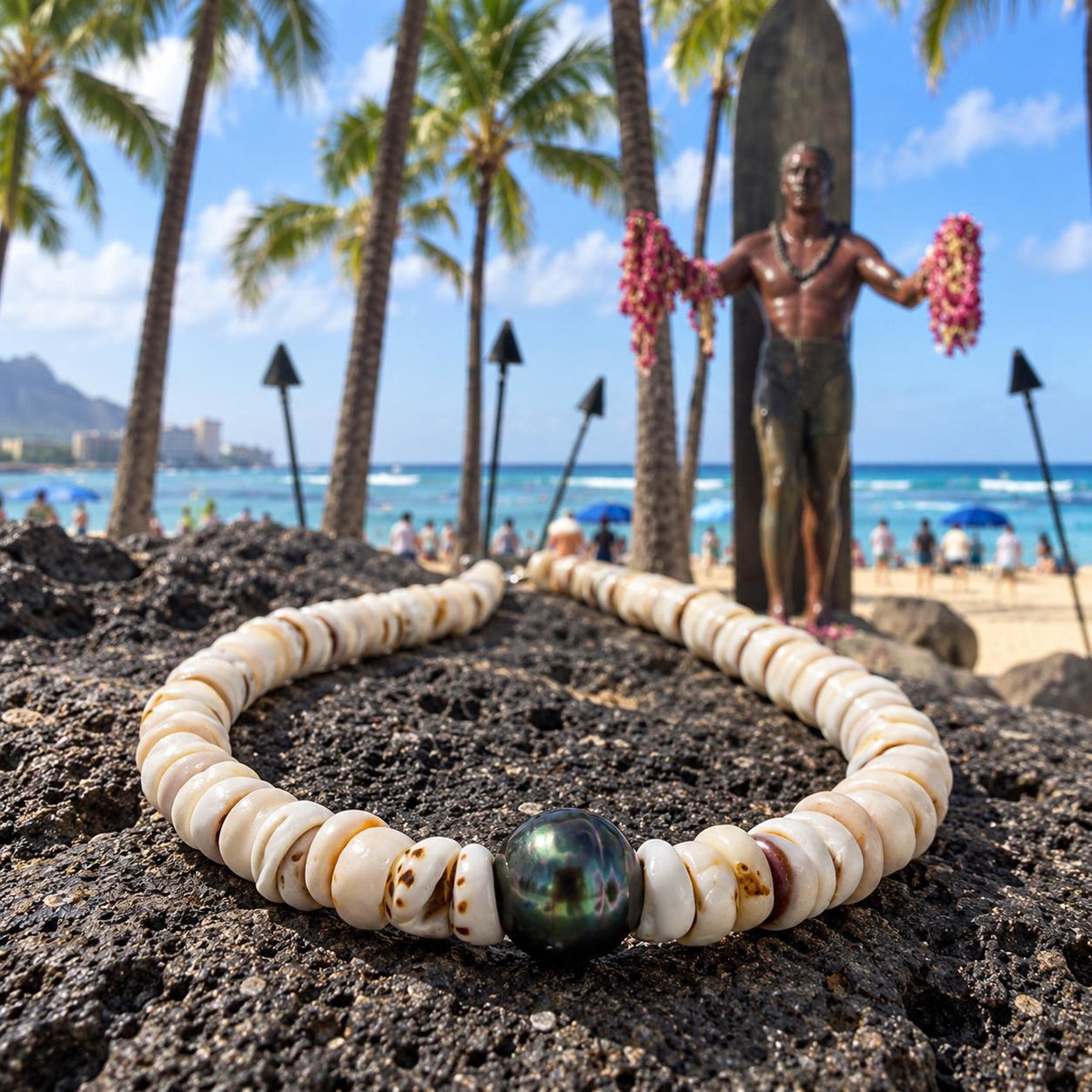 Authentic Tahitian Pearl & Puka Shell Beads- Premium Cup Shape - Minimal Bottom Cracking - 16 Inch, AA 9-10mm Pearl, 6-7mm Puka, No Clasp