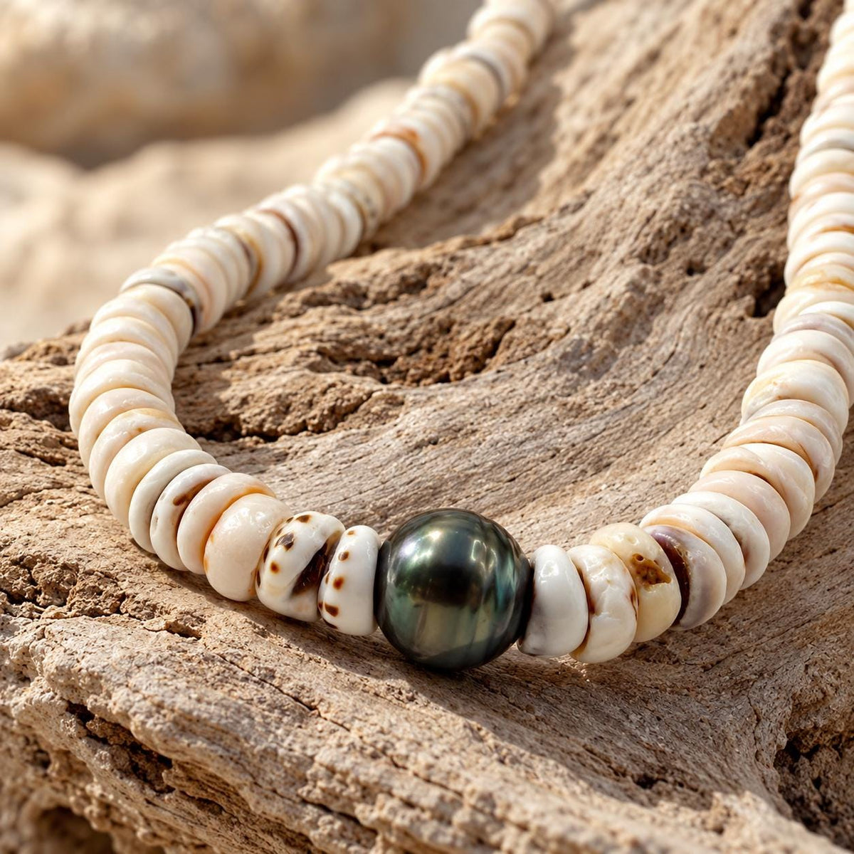 Authentic Tahitian Pearl & Puka Shell Beads- Premium Cup Shape - Minimal Bottom Cracking - 16 Inch, AA 9-10mm Pearl, 6-7mm Puka, No Clasp