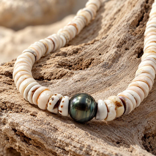 Authentic Tahitian Pearl & Puka Shell Beads- Premium Cup Shape- Minimal Bottom Cracking- 16 Inch Unfinished Strand, No Clasp, NOT A NECKLACE