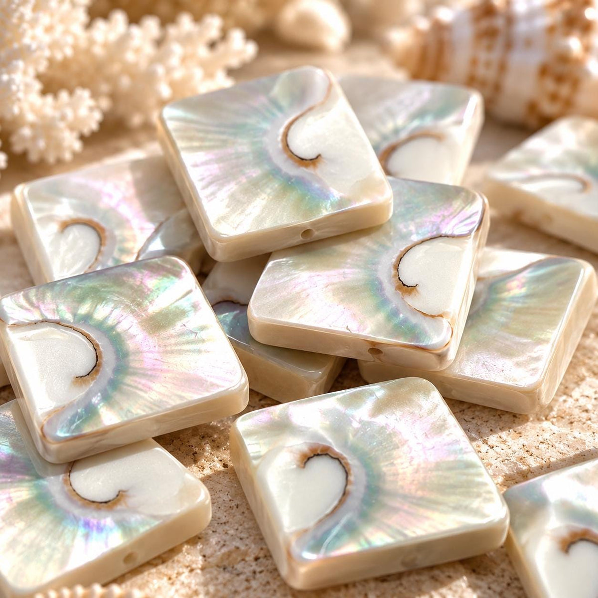 WOW Mermaid Nautilus Shell Beads AAA (Harmony Line) Thick Nacre & Iridescent Flash - Never Dyed or Color Enhanced - Center Drilled Square