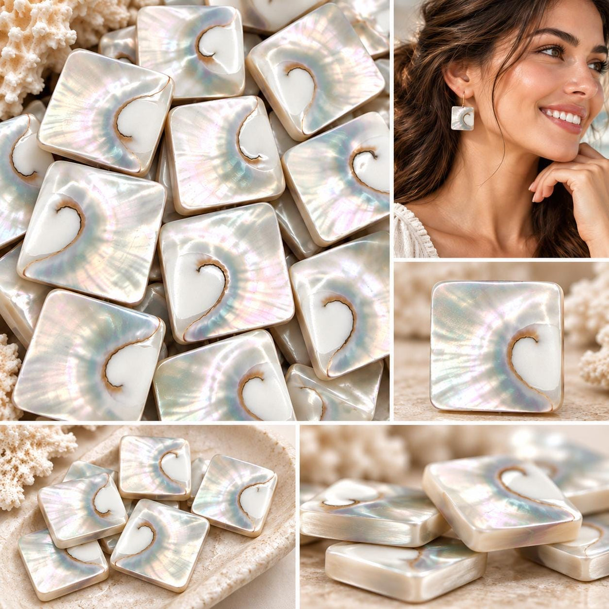 WOW Mermaid Nautilus Shell Beads AAA (Harmony Line) Thick Nacre & Iridescent Flash - Never Dyed or Color Enhanced - Center Drilled Square