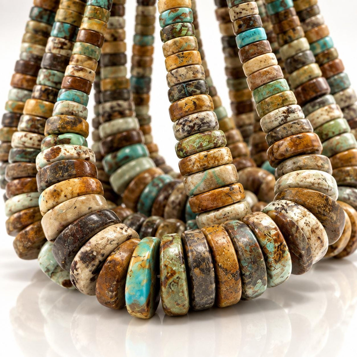 JACLA-Style Graduated Turquoise Beads (Larger Bottom Smaller Top) Multicolor Earthy Brown Matrix - 3-4mm Extra-Thick Heishi 6-15mm - 16 Inch
