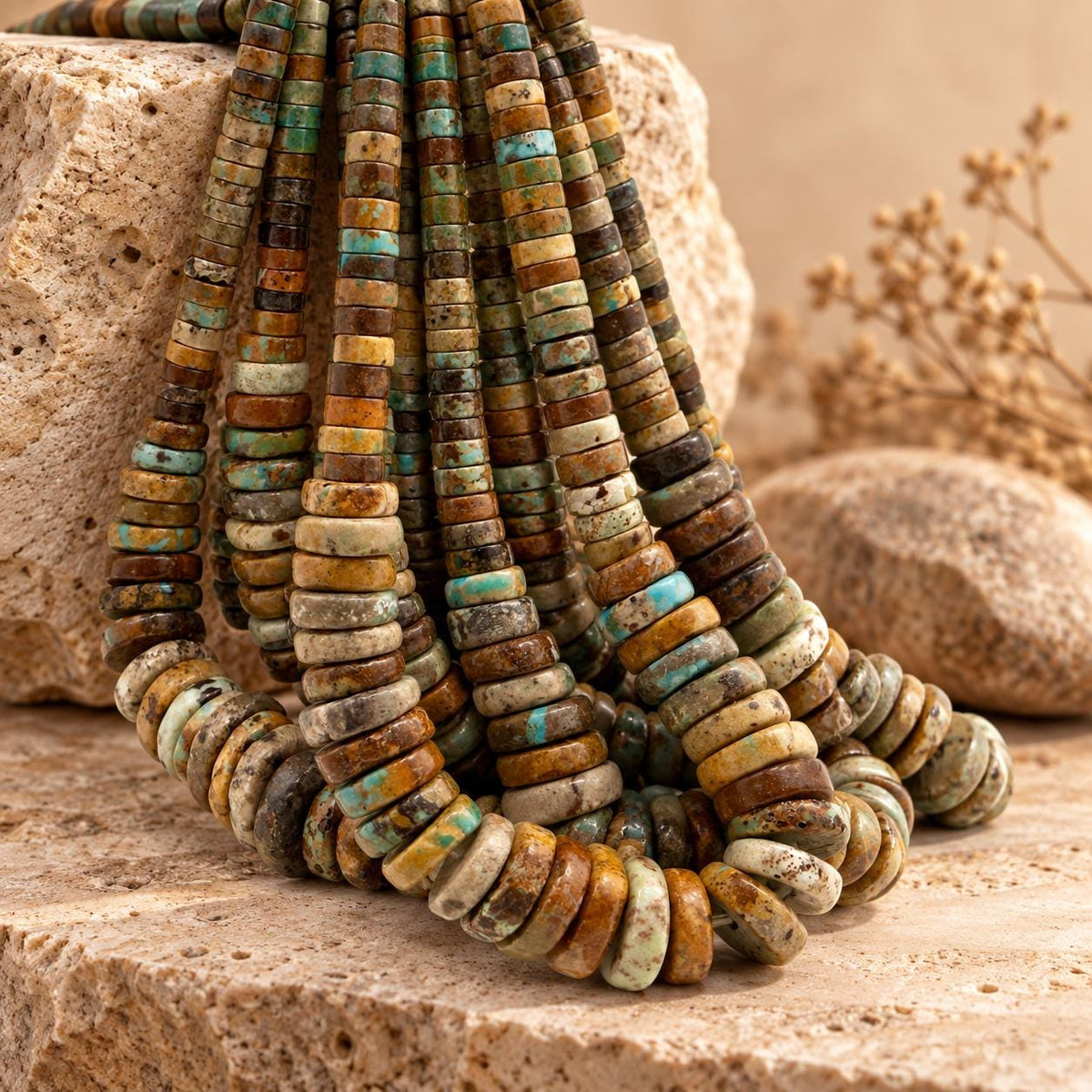 JACLA-Style Graduated Turquoise Beads (Larger Bottom Smaller Top) Multicolor Earthy Brown Matrix - 3-4mm Extra-Thick Heishi 6-15mm - 16 Inch