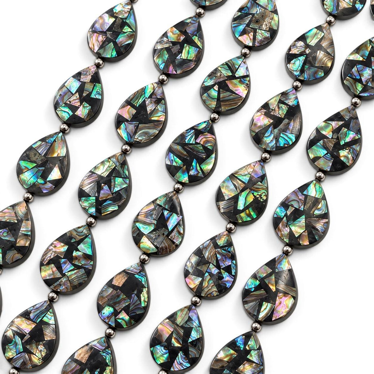 Abalone Shell Beads New Zealand - Black Mosaic Inlay - Small Batch Production - Native American Style - Double Sided 15X20mm Teardrop (F508)