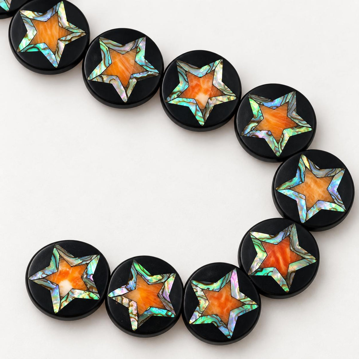 Spiny Oyster & Abalone Shell Beads - Black Mosaic Star Inlay - Small Batch Production - Native American Style- Double Sided 20mm Coin (F510)
