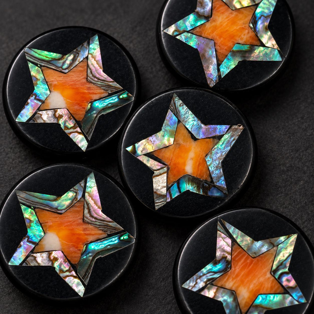 Spiny Oyster & Abalone Shell Beads - Black Mosaic Star Inlay - Small Batch Production - Native American Style- Double Sided 20mm Coin (F510)