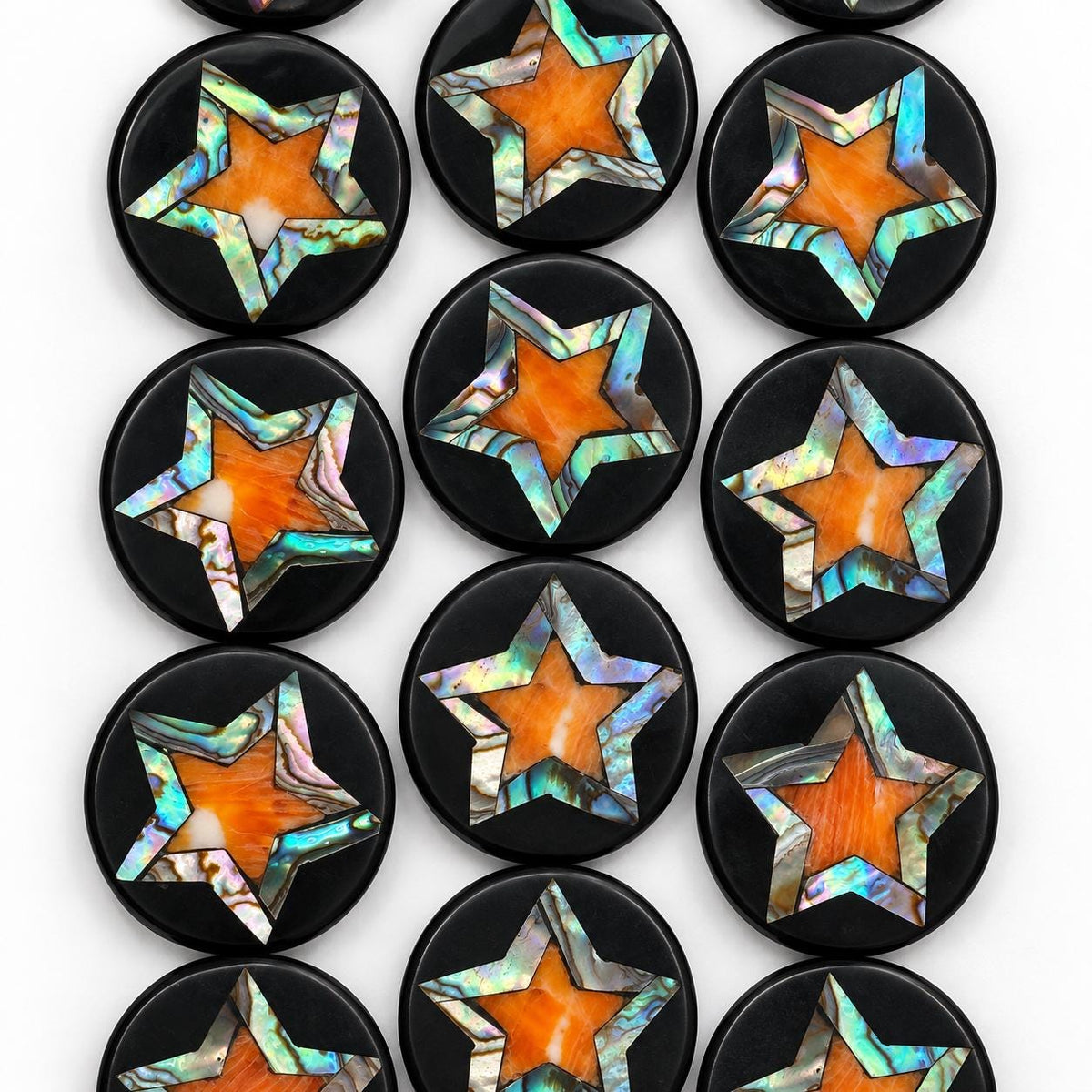 Spiny Oyster & Abalone Shell Beads - Black Mosaic Star Inlay - Small Batch Production - Native American Style- Double Sided 20mm Coin (F510)