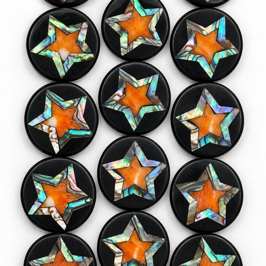 Spiny Oyster & Abalone Shell Beads - Black Mosaic Star Inlay - Small Batch Production - Native American Style- Double Sided 20mm Coin (F510)