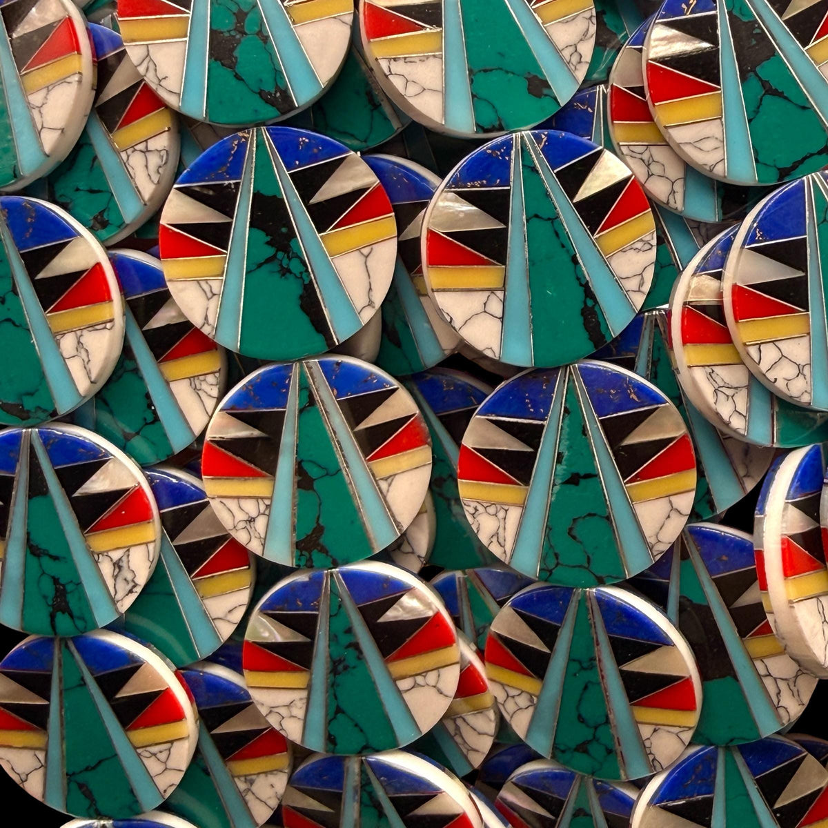 Native Style Inlay Beads - Natural Turquoise, Lapis, Coral, Mother of Pearl, Black Onyx, Howlite - Double Sided 20mm Coin - 10 Beads (F402)