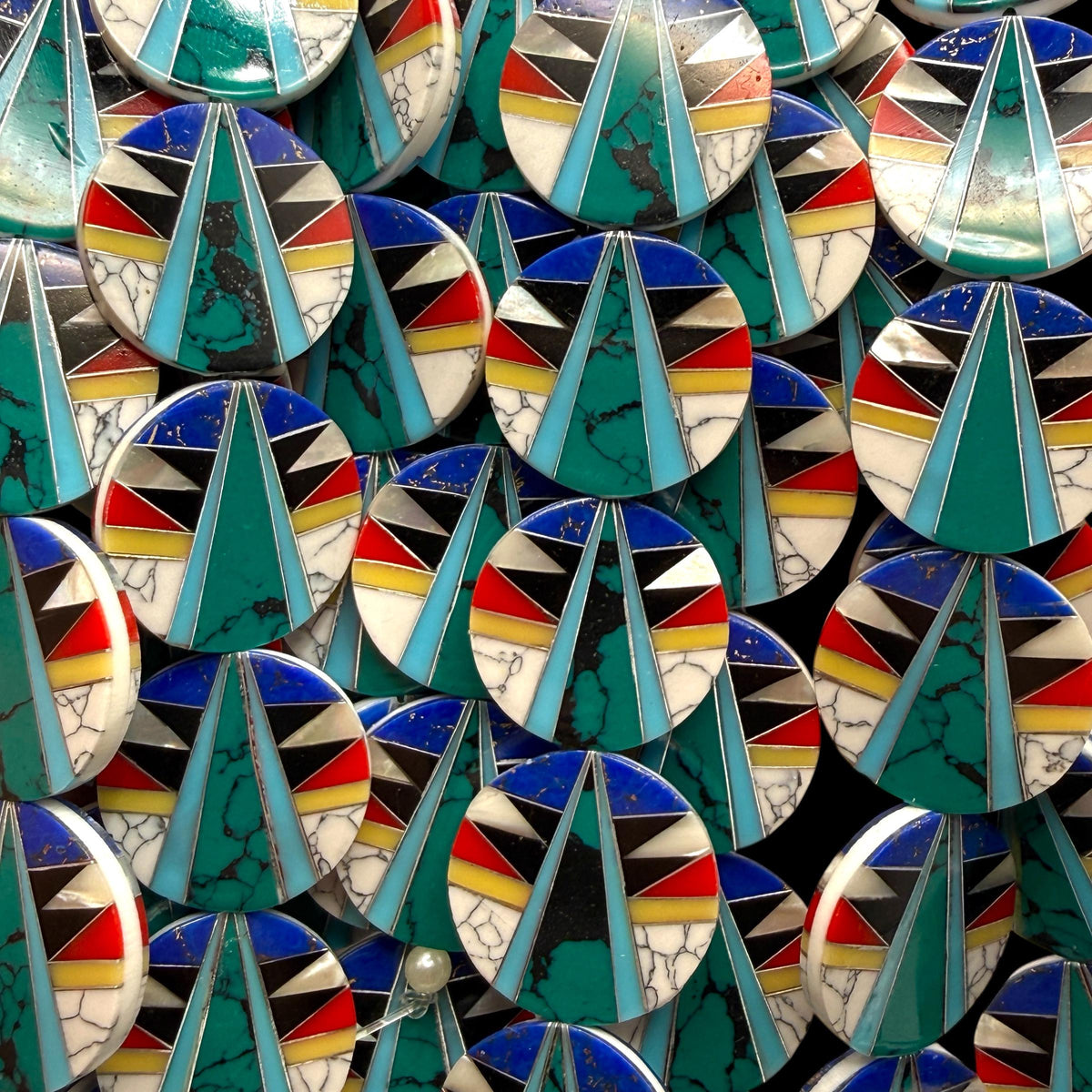 Native Style Inlay Beads - Natural Turquoise, Lapis, Coral, Mother of Pearl, Black Onyx, Howlite - Double Sided 20mm Coin - 10 Beads (F402)