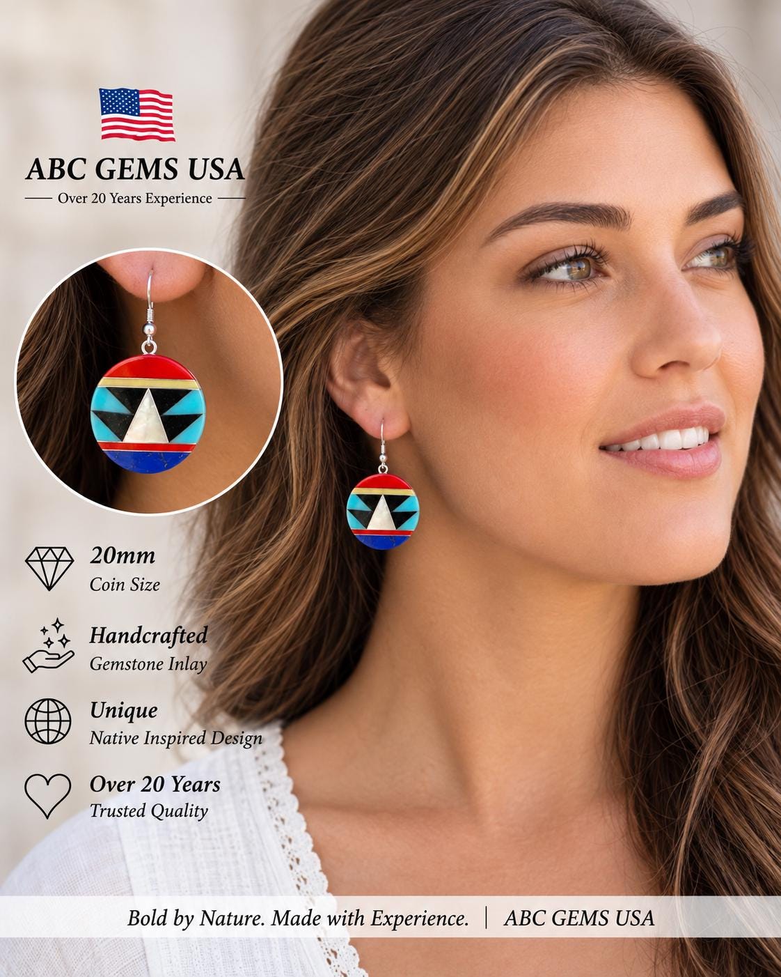 Native Style Inlay Beads - Turquoise, Lapis Lazuli, Coral, Mother of Pearl, Black Onyx - Double Sided 20mm Coin - 10 Beads (F403)