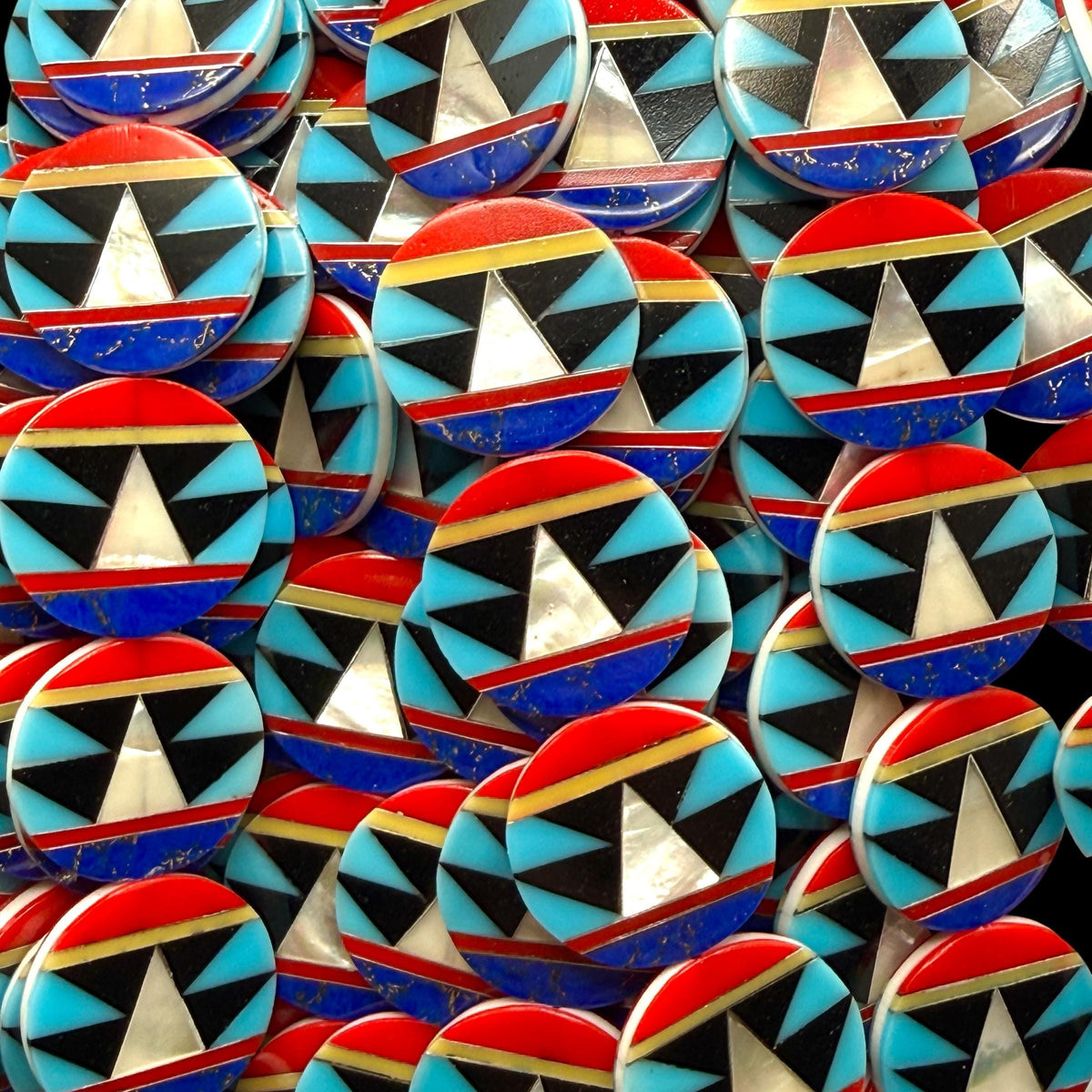 Native Style Inlay Beads - Turquoise, Lapis Lazuli, Coral, Mother of Pearl, Black Onyx - Double Sided 20mm Coin - 10 Beads (F403)