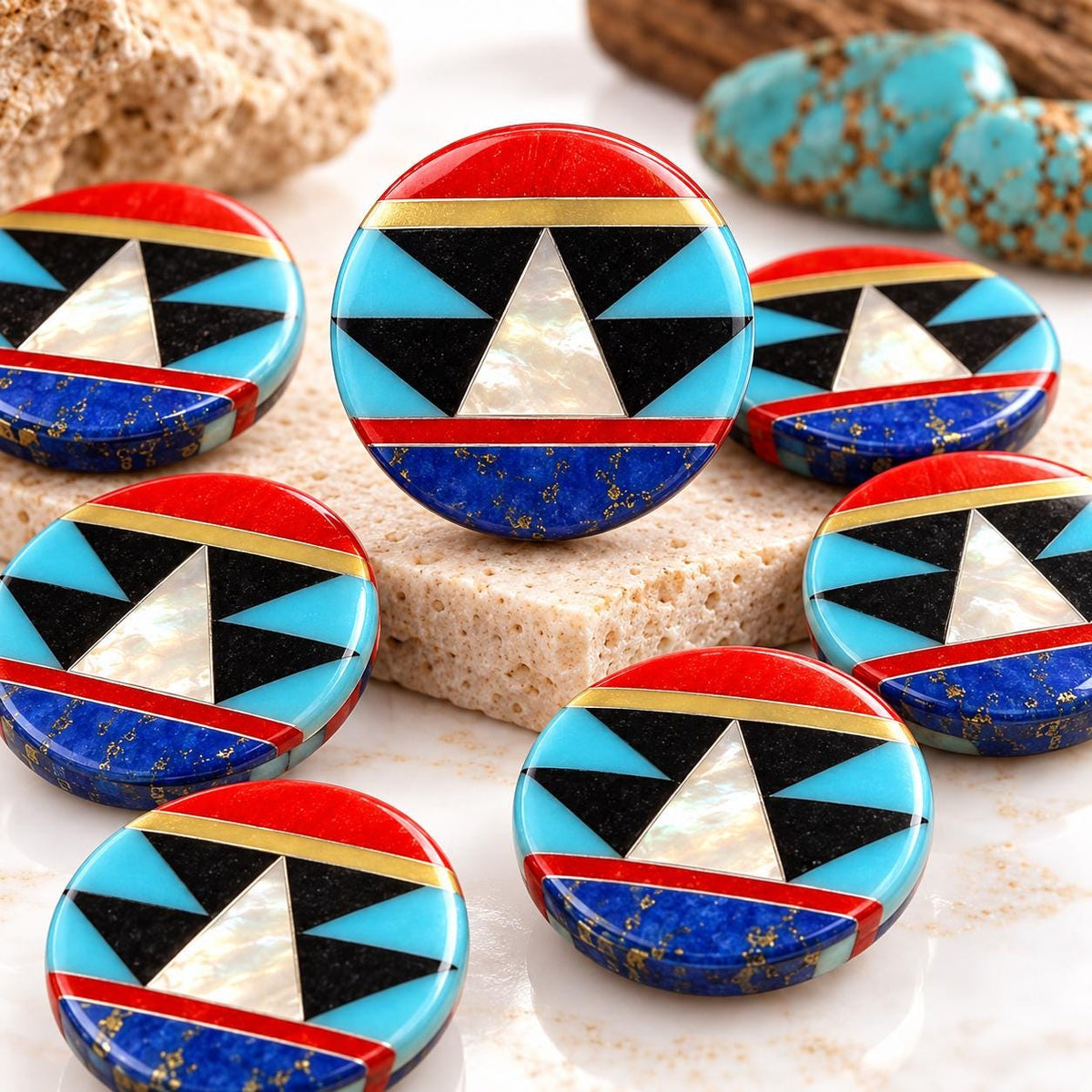 Native Style Inlay Beads - Turquoise, Lapis Lazuli, Coral, Mother of Pearl, Black Onyx - Double Sided 20mm Coin - 10 Beads (F403)